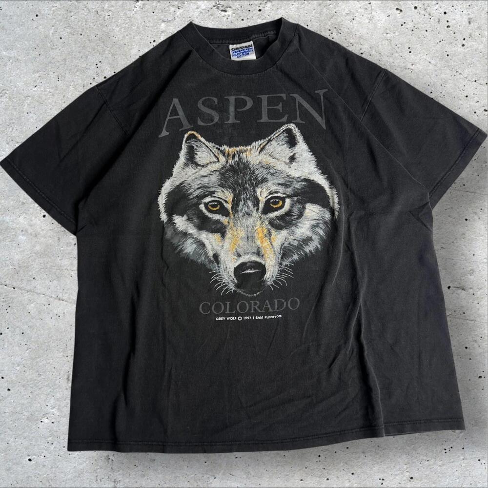 90's Heavy‎ Vintage 90s Faded Wolf Nature Aspen Black Tee T Shirt Size L